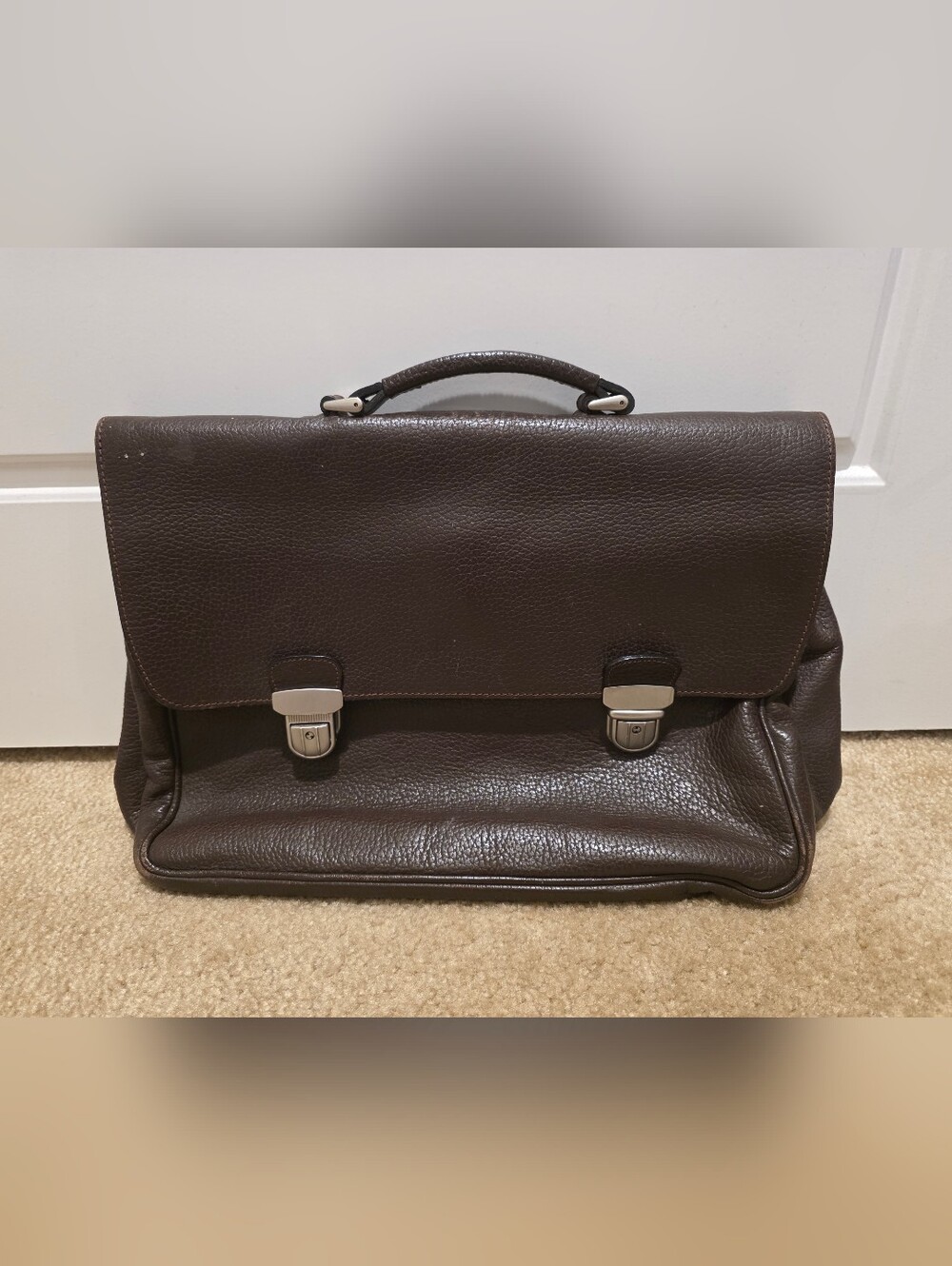 Men's Brown Leather Briefcase with Top Handle and Dual Locks